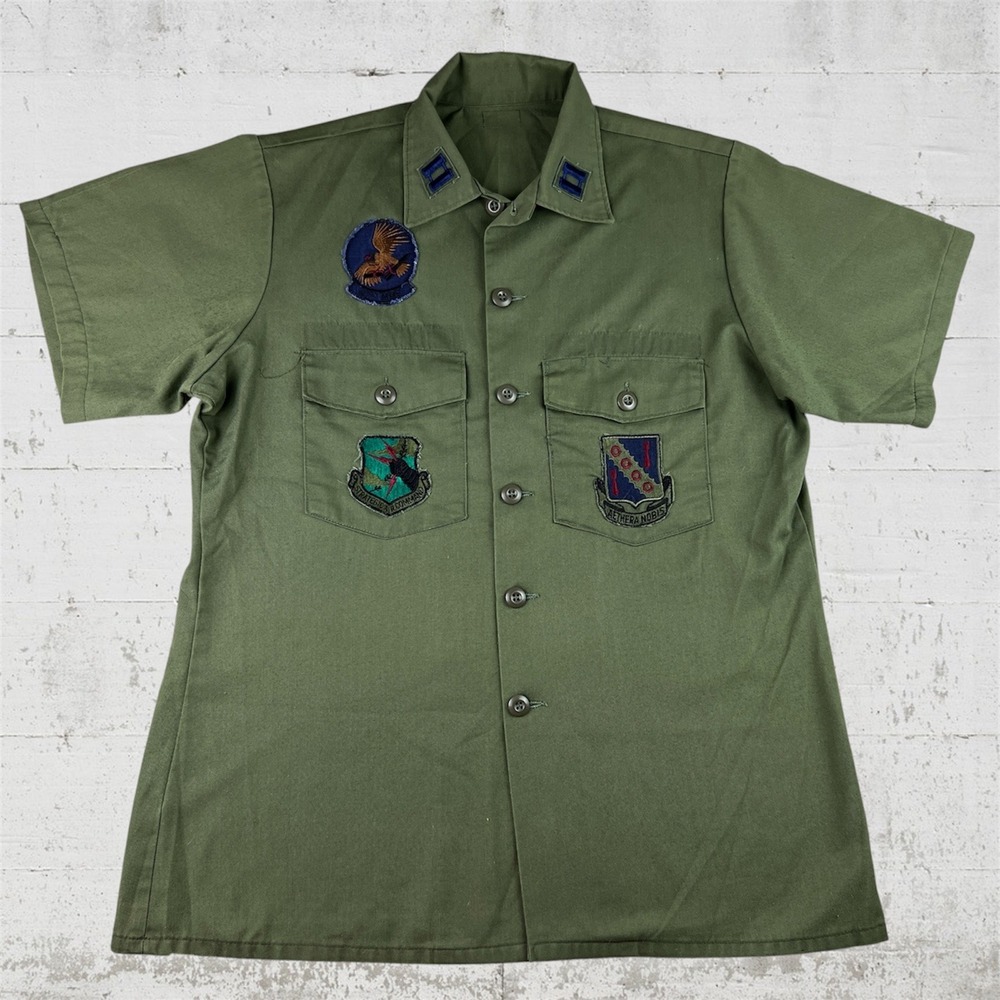 Vintage Military Patch Field Shirt Men XL Green OG-507 Strategic Air Command